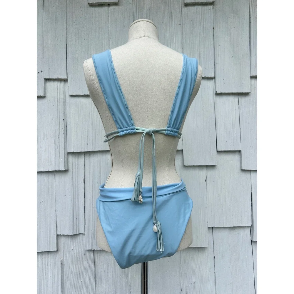 Aerie Real Good Light Blue Plunge Triangle Bikini Top S High Cut Cheeky Bottom L